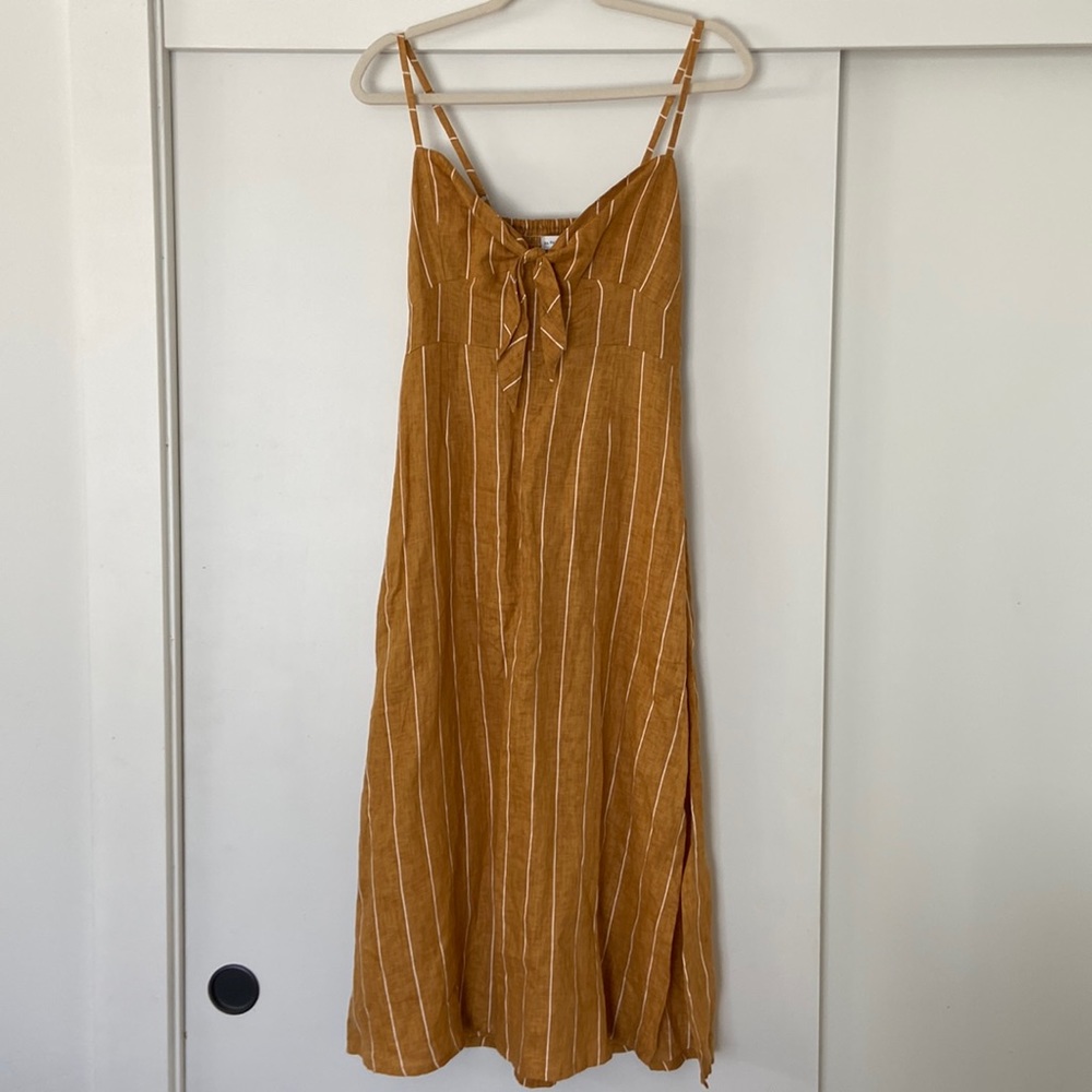 Faithfull the Brand Linen Striped Tie Front Midi Camel colored Dress size Large
